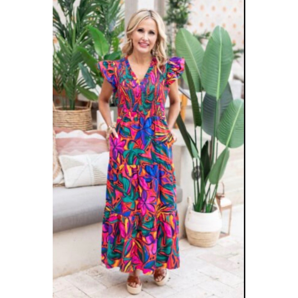 Sugarlips Floral Smocked Maxi Dress Multi Color Flutter Sleeve Cotton Size XS